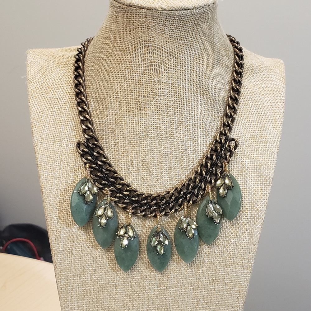 Chico's, Vintage brass lyden bib bejeweled green stone statement necklace